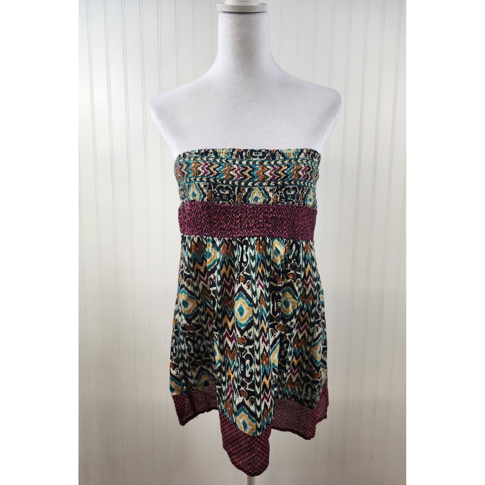 Vintage Wet Seal Ikat Geometric Smocked Tube Top XL Cotton Boho Festival Teal